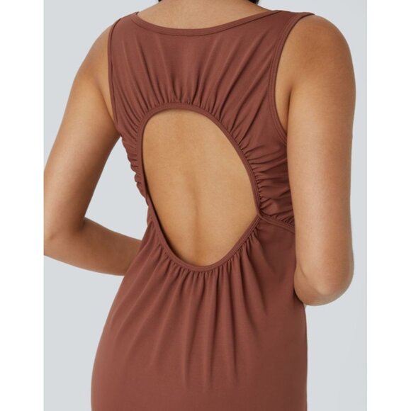 Halara U Neck Sleeveless Backless Midi Dress Sz Small Burnt Orange Red Cut Out R - Picture 7 of 11